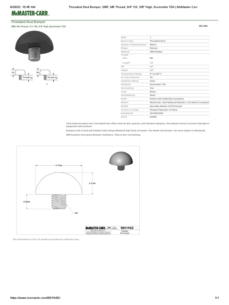 ThreadedStud Bumper SBR, M6 Thread, 3/4" OD, 3/8" High, Durometer 70A