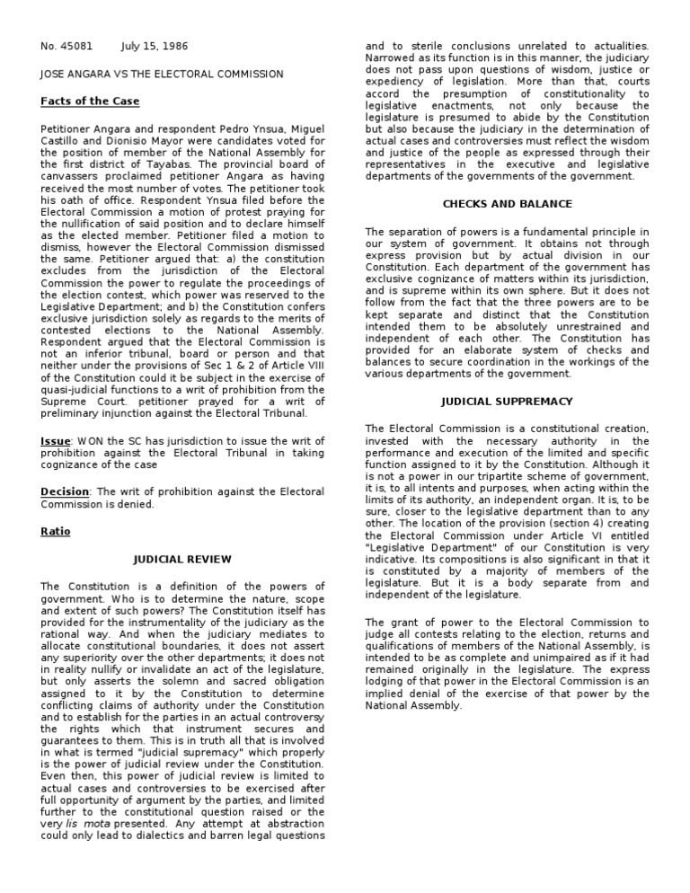 Angara vs. Electoral Commission Case Summary | PDF | Separation Of ...
