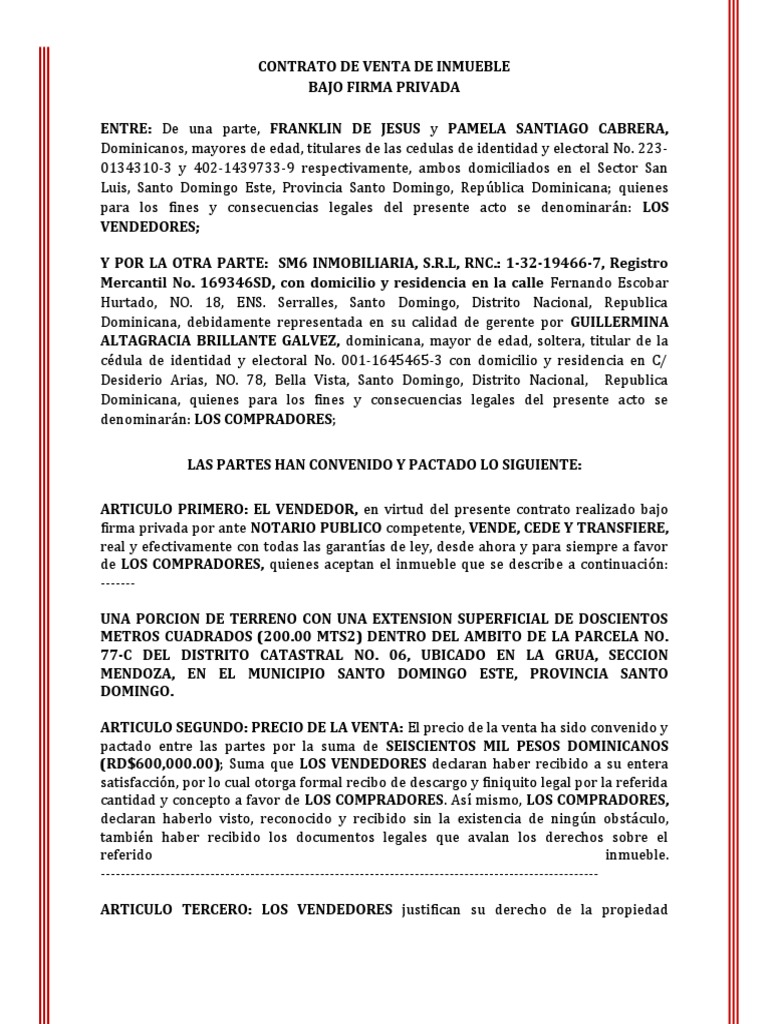Contrato De Venta De Inmueble Pdf República Dominicana Ley Común