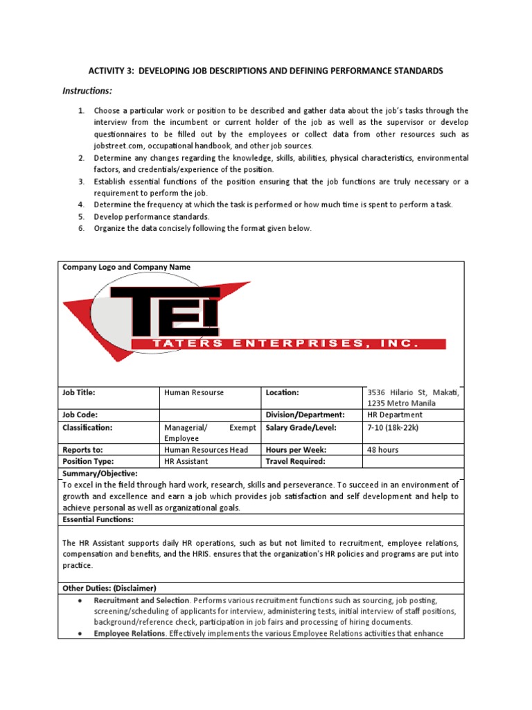 Job Descriptions and Performance Standards | PDF | Human Resources ...