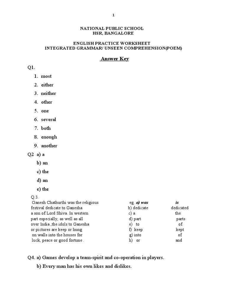 English Practice Worksheet Answer Key | PDF