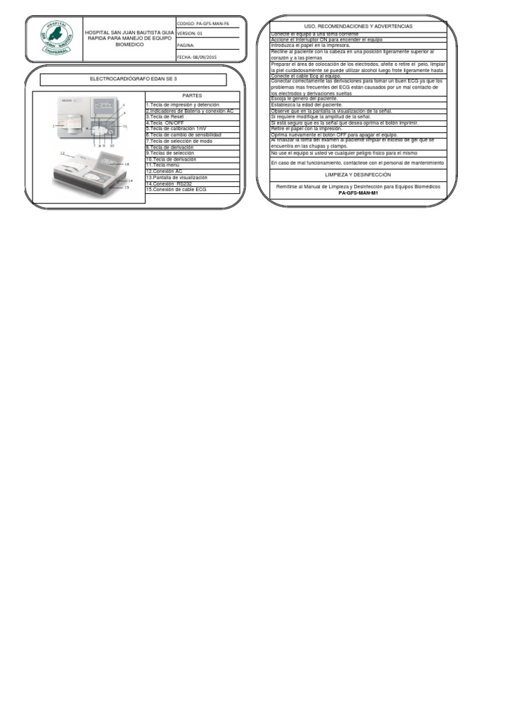 Guía rápida del electrocardiógrafo Edan SE-3 | PDF | Electrocardiografia