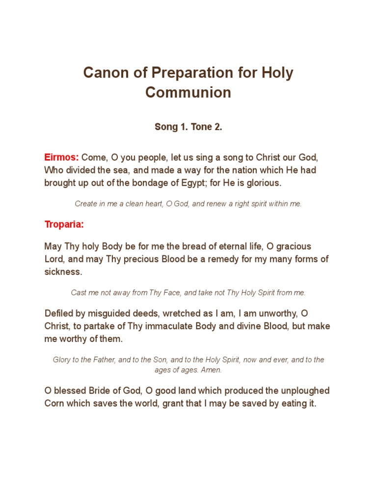 Canon of Preparation For Holy Communion PDF Eucharist Glory