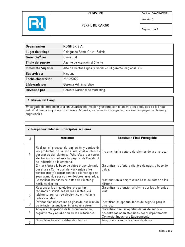 Manual de Funciones - Agente de Atencion Al Cliente | PDF | Servicio al ...