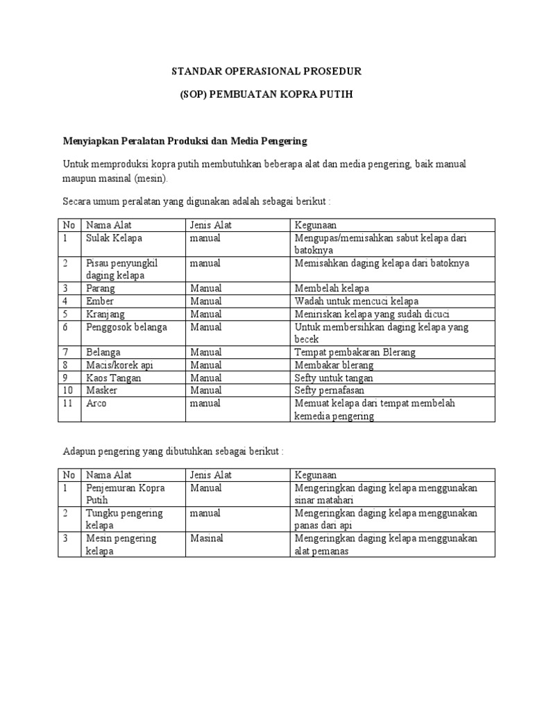 Standar operasional prosedur sop kopra putih pdf
