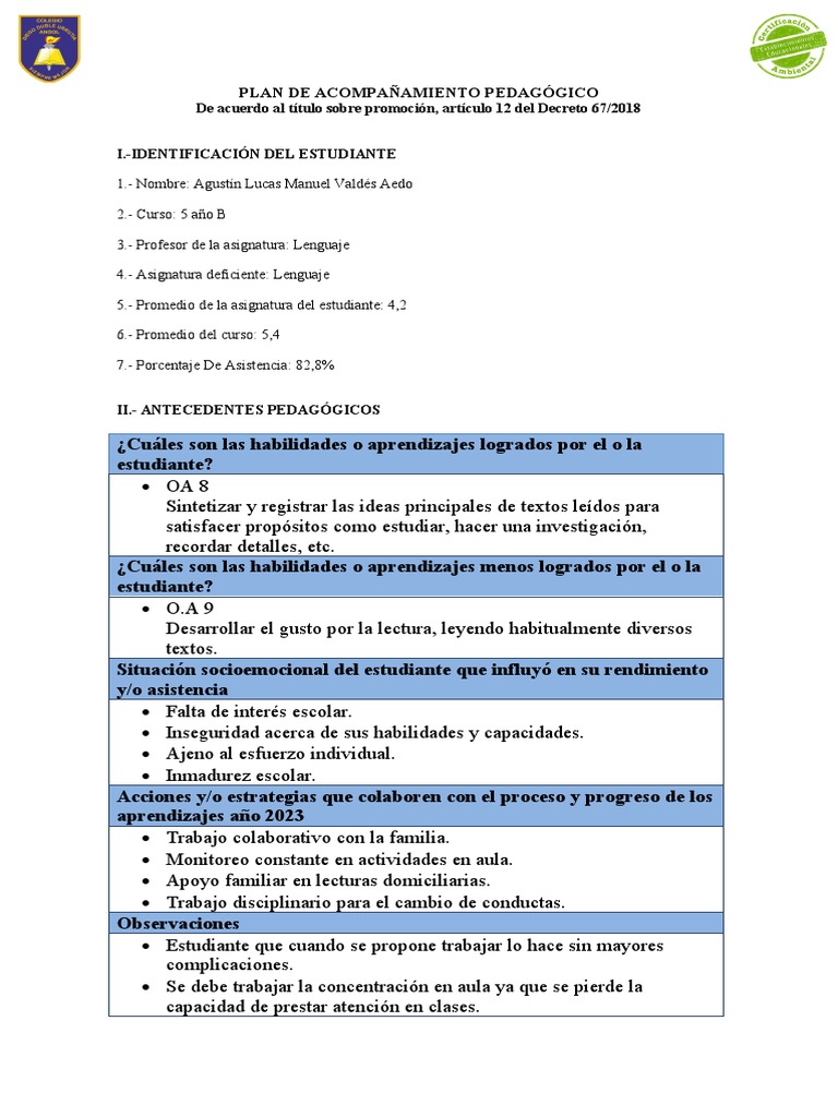 Plan de Apoyo Pedagógico en Lenguaje | PDF | Crecimiento personal y ...