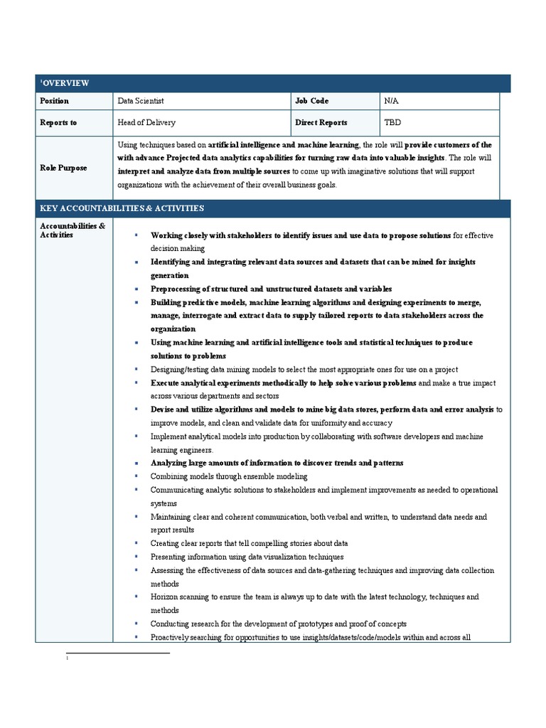 Data Scientist Job Description | PDF | Data Analysis | Machine Learning