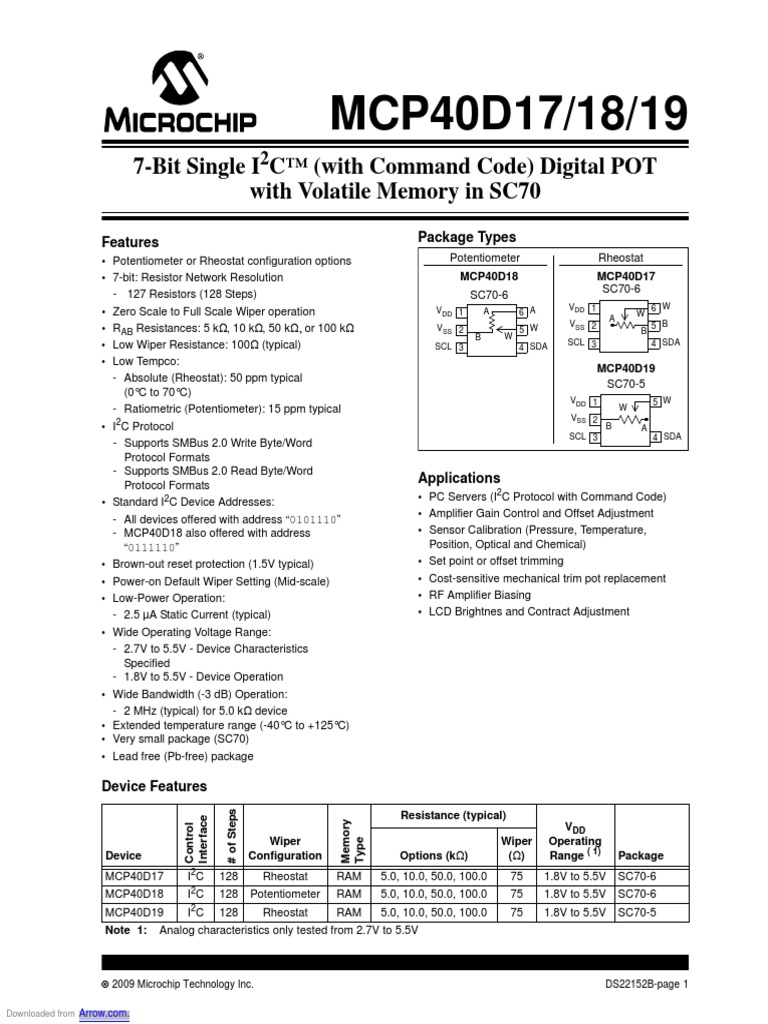 Mcp40d17 18 19 7 bit single i c with command code digital pot with