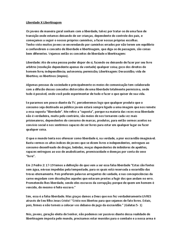 Liberdade e Libertinagem: Entenda a Diferença | PDF | Liberdade | Jesus