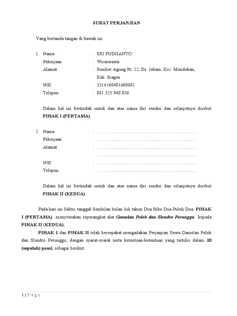 Perjanjian Sewa Gamelan Pelok Slendro | PDF