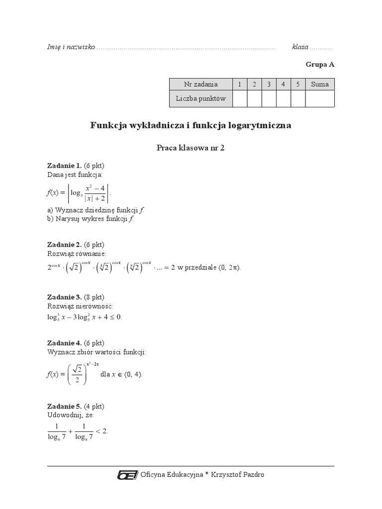 Funkcja Wykładnicza I Logarytmiczna Sprawdzian Nowa Era Pdf Funkcja Wykładnicza I Funkcja Logarytmiczna: Praca Klasowa NR 2 | PDF