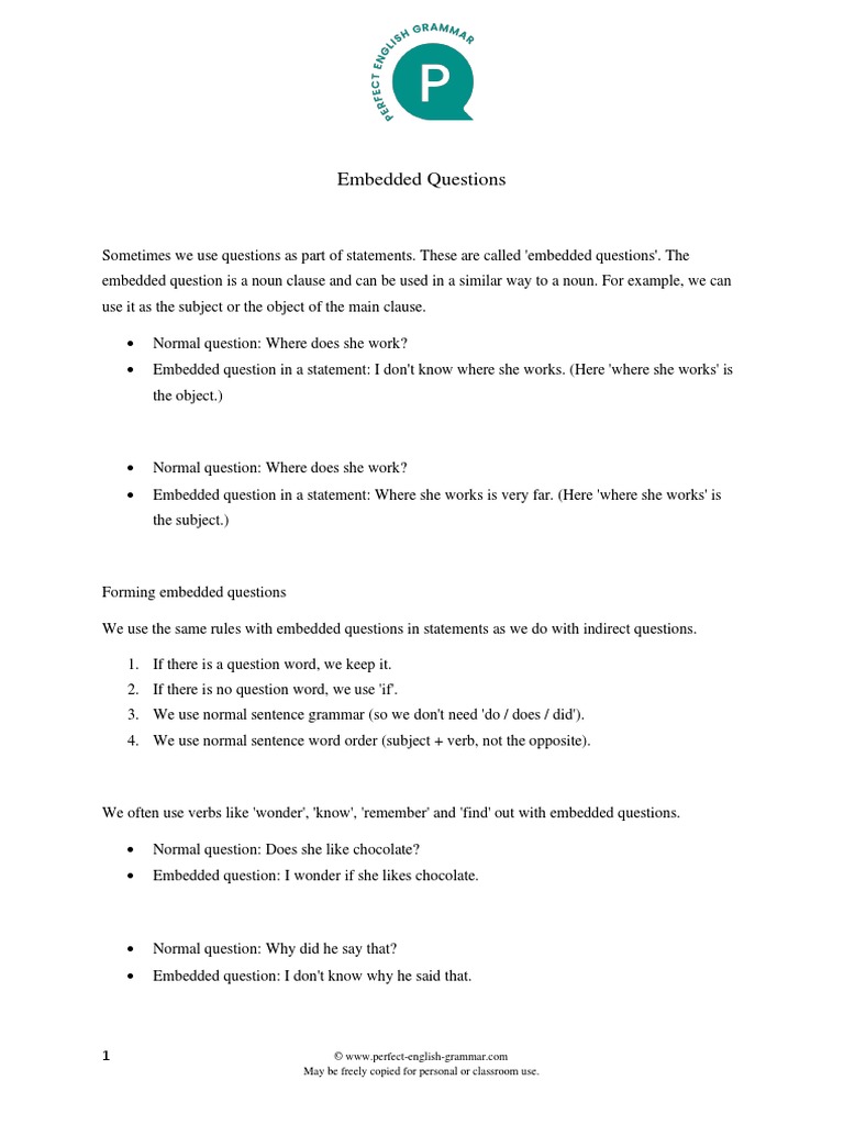 Perfect English Grammar - Embedded Questions | PDF | Question | Subject ...