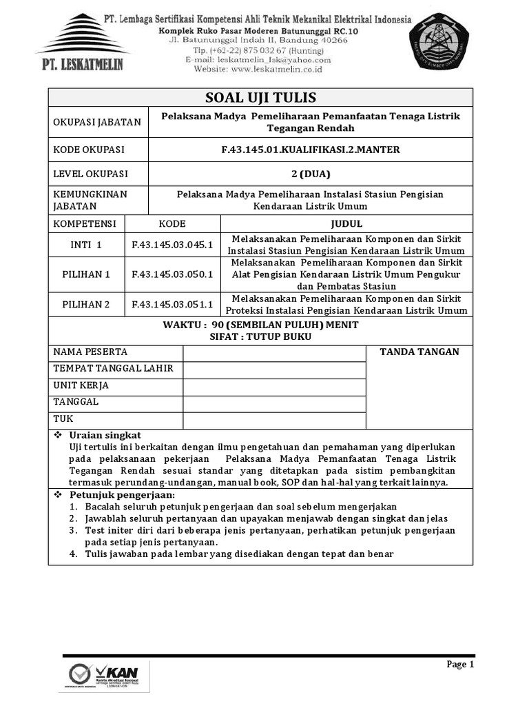 Uji Tulis Pemeliharaan SPKLU | PDF