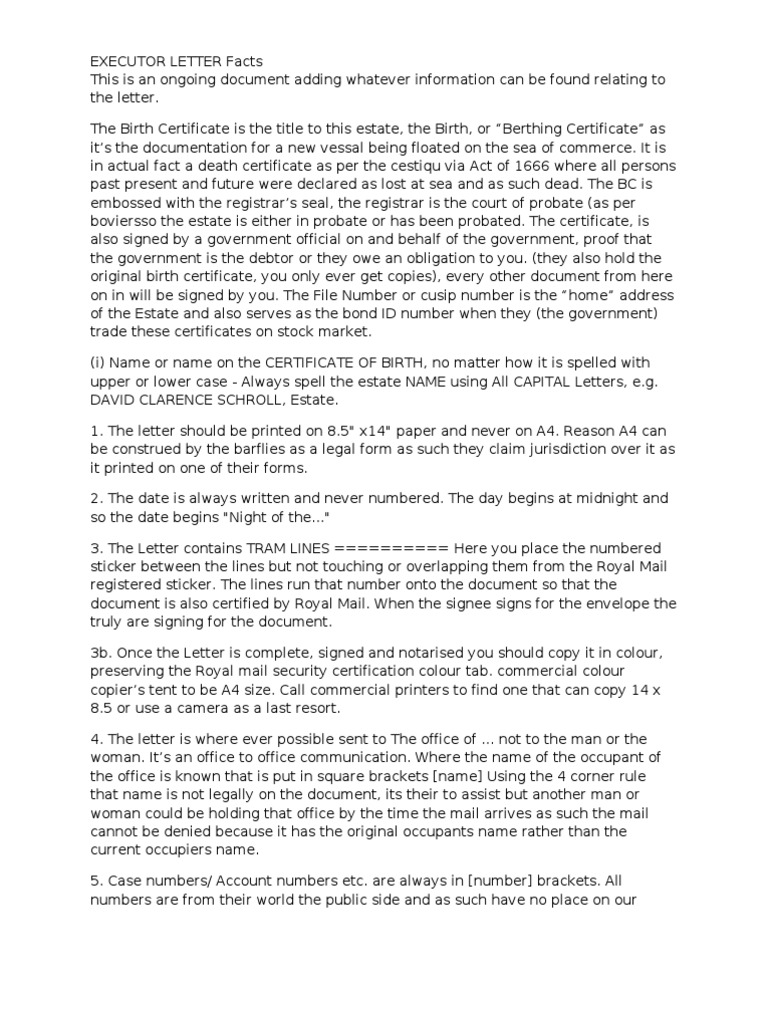Executor Letter Guidelines and Template | PDF | Notary Public | Signature