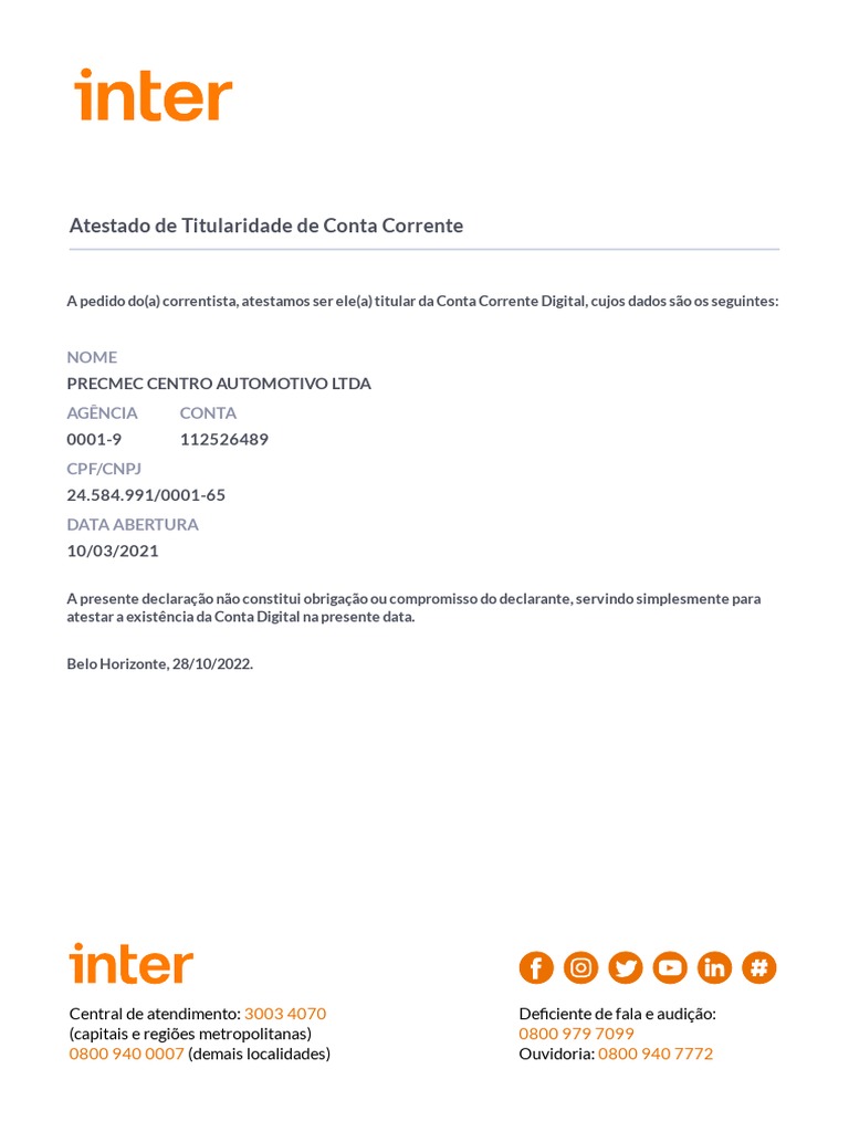 Atestado de Titularidade de Conta Corrente: Nome Agência Conta | PDF