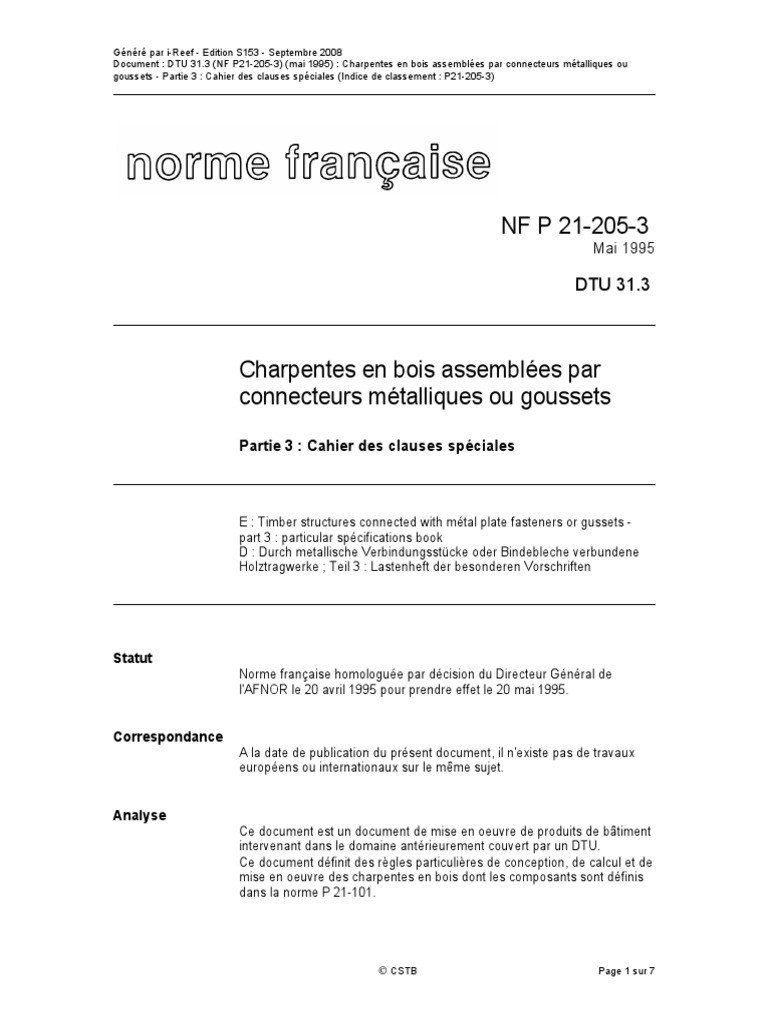 DTU 31.3 : Charpentes en bois et connecteurs | PDF | Code de la ...