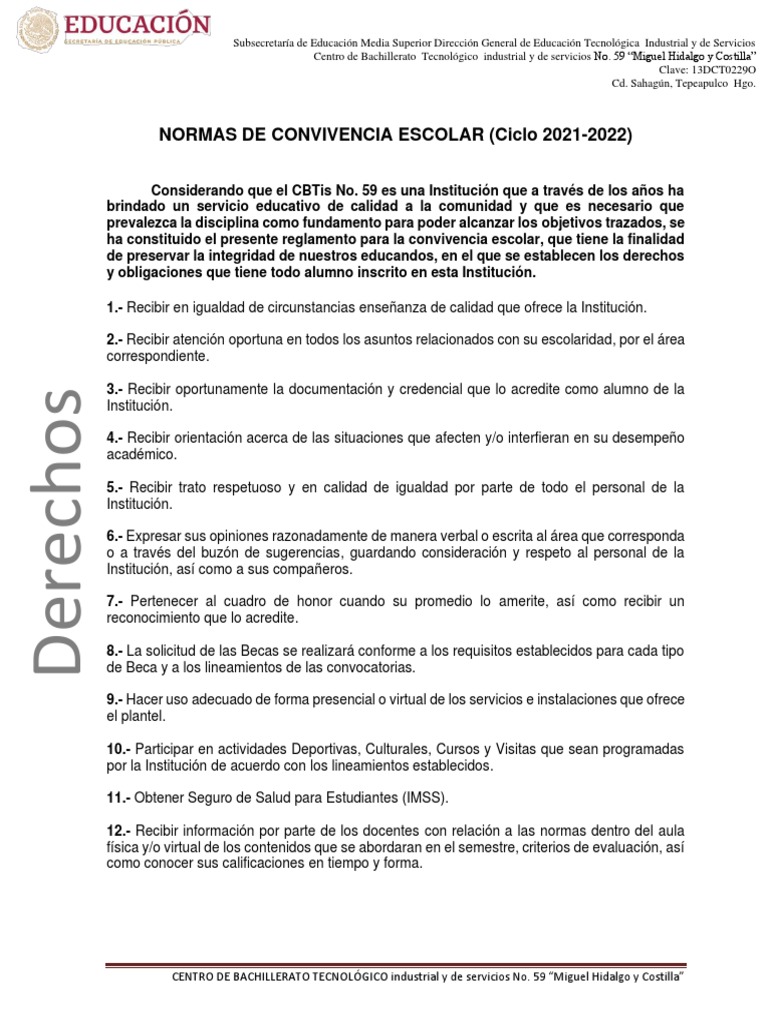 Normas de Convivencia CBTis 59 2021-2022 | PDF | Institución