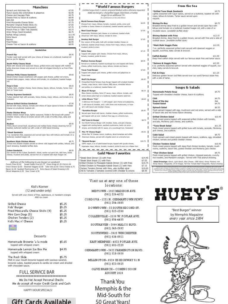 Huey's Sandwiches and Burgers Menu | PDF | Hamburgers | French Fries