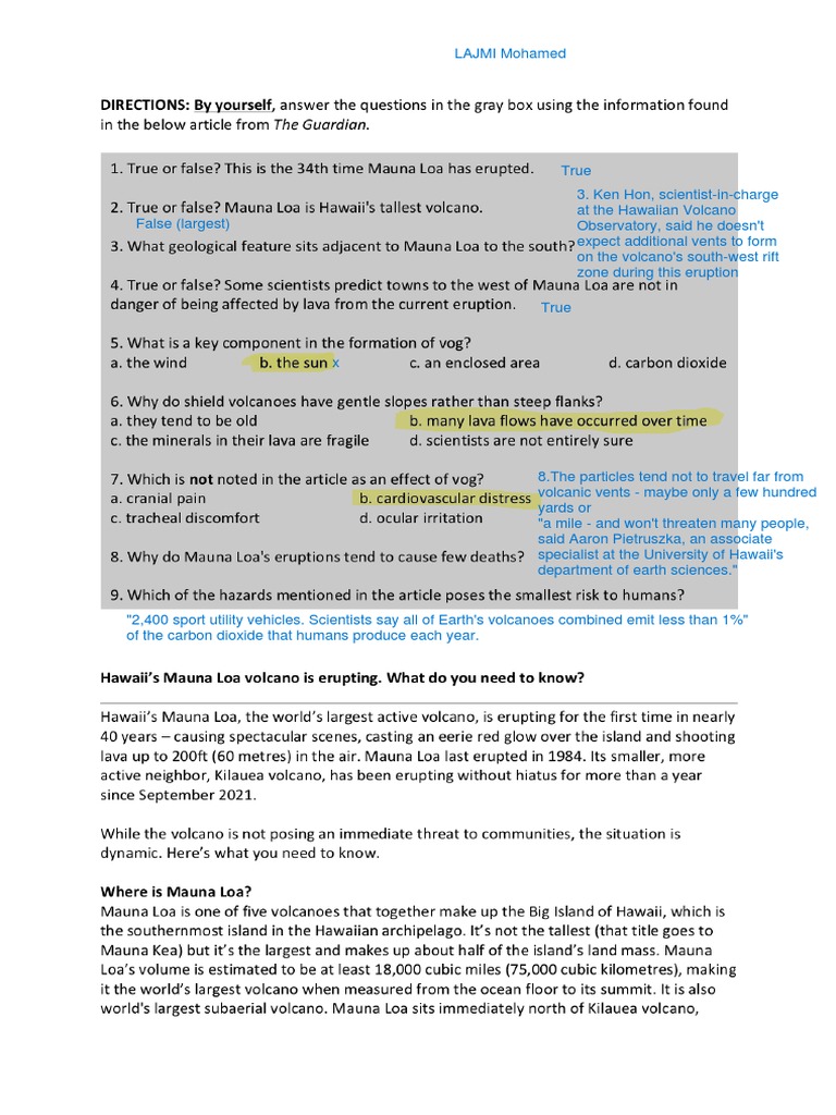 Mauna Loa Reading Questions + Article Answers LAJMI Mohamed PDF
