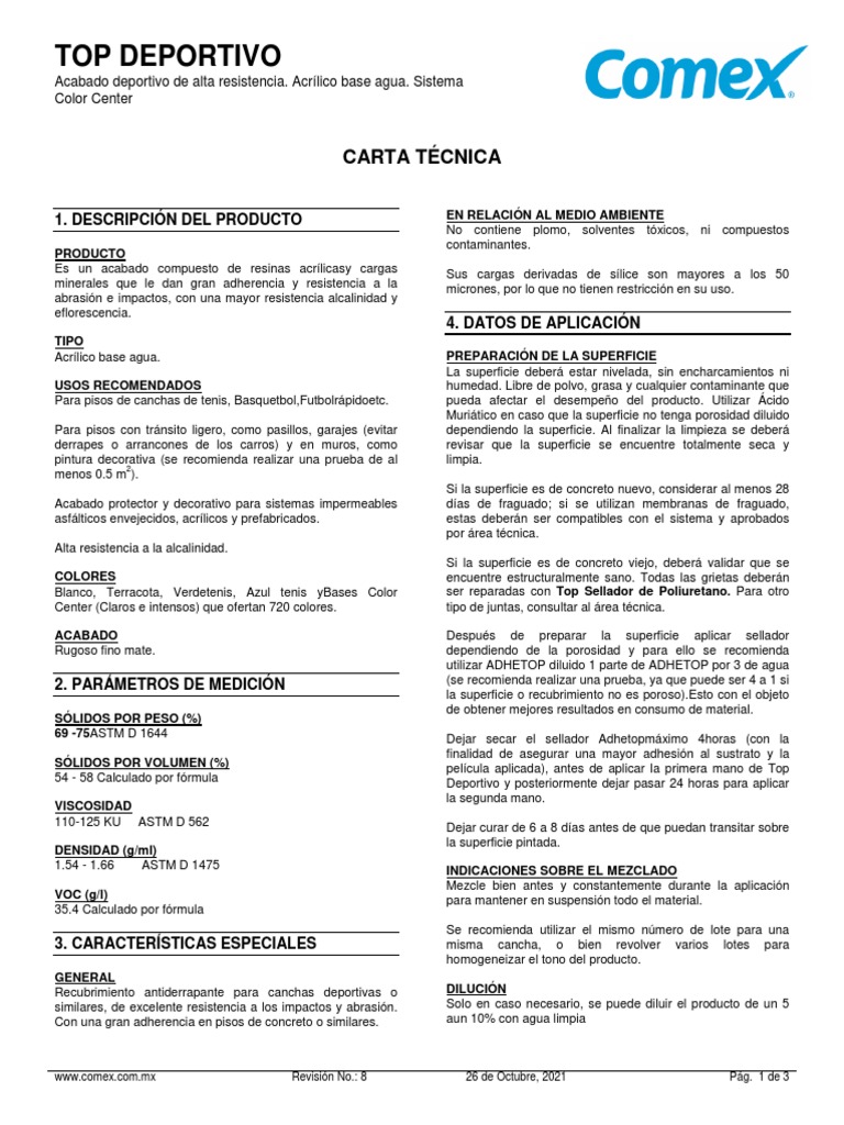 Carta Tecnica Top Deportivo Comex | PDF | Agua | Cepillo