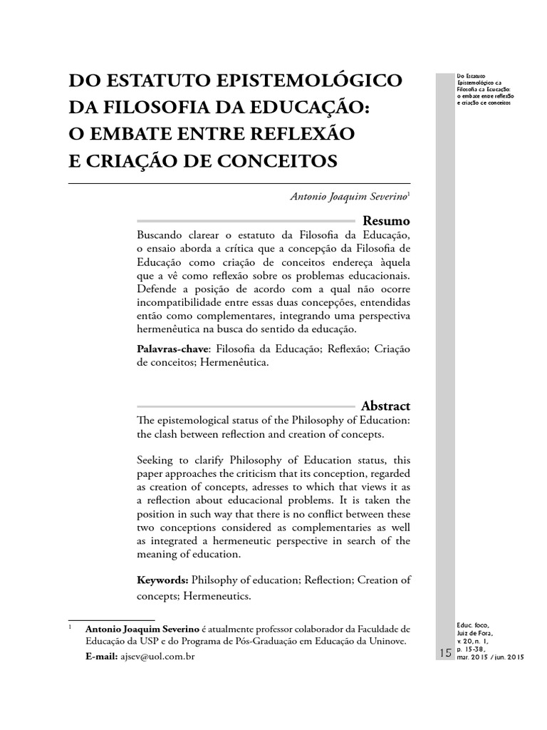 5 SEVERINO-DO ESTATUTO EPISTEMOLÓGICO DA FILOSOFIA DA EDUCAÇÃO O Embate ...