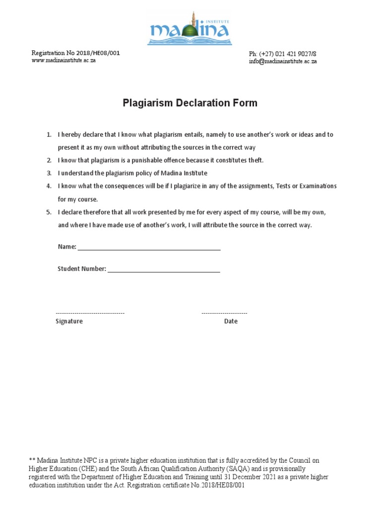 Madina Institute Plagiarism Declaration Form | PDF