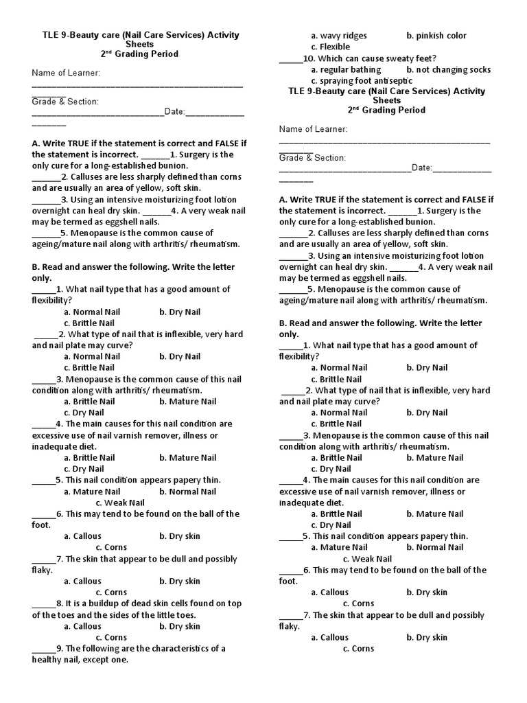 Nail Care Activity Sheet | PDF | Nail (Anatomy) | Foot