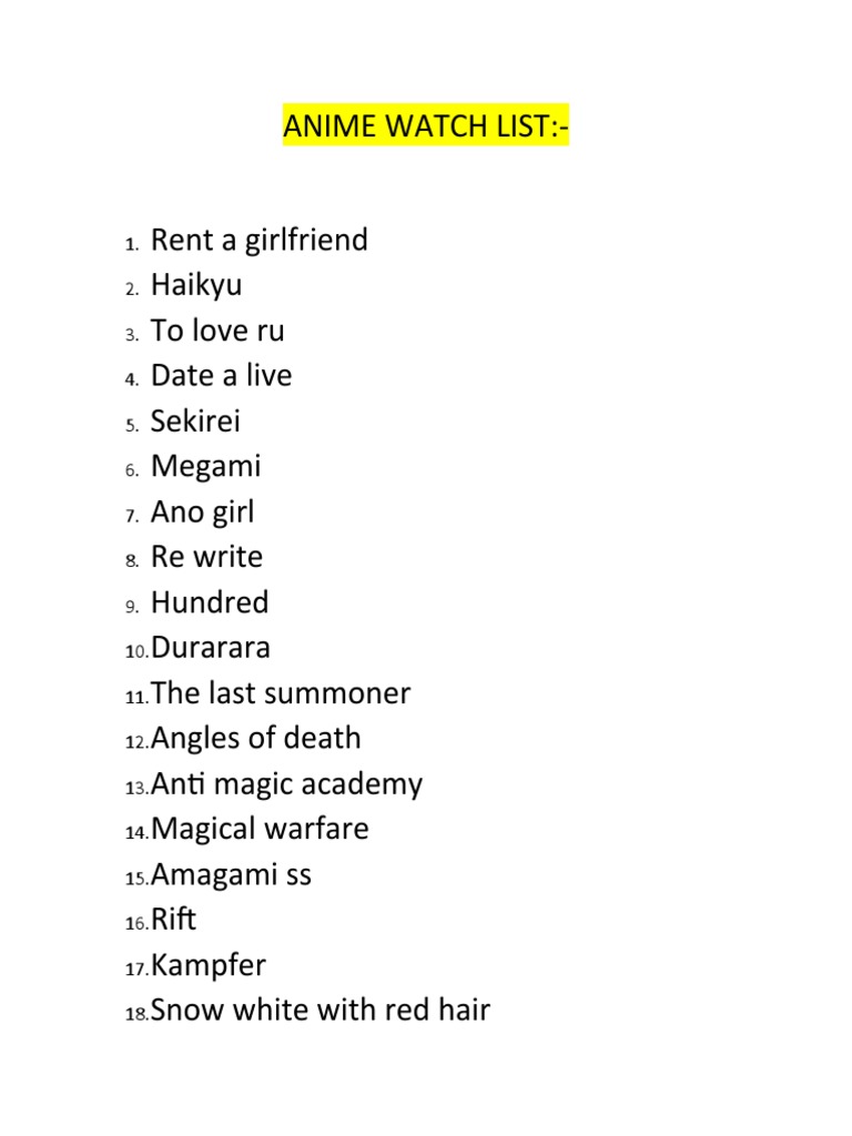 Anime Watch List PDF