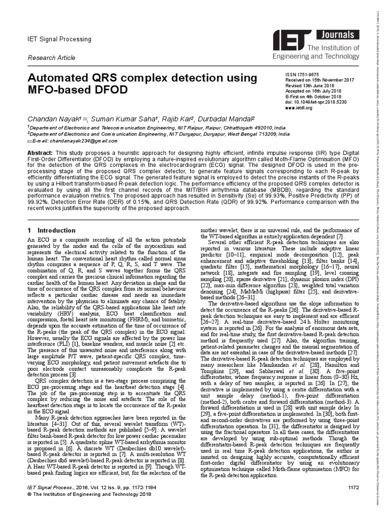 IET Signal Processing 2018 Nayak Automated QRS Complex Detection