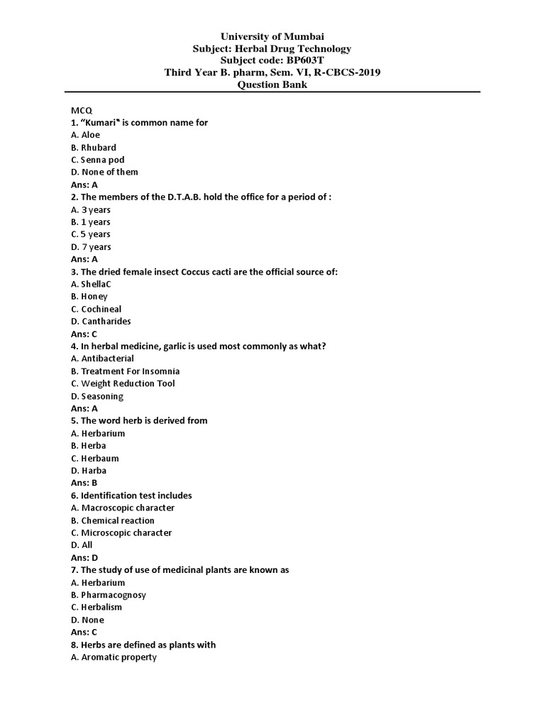 Herbal Drug Technology Question Bank PDF Ayurveda Pesticide