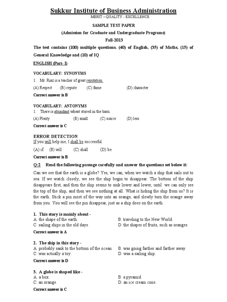 Sample Test Paper For College
