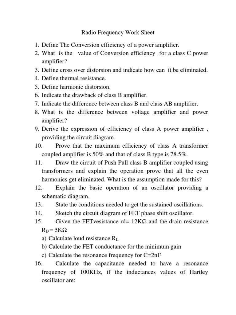 Radio Frequency Work Sheet PDF Amplifier Electronic Oscillator