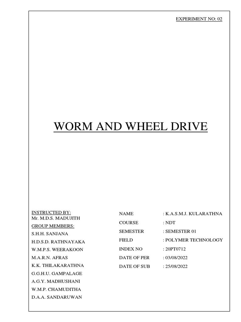 Characteristics of Worm and Wheel Drive PDF Gear Machines