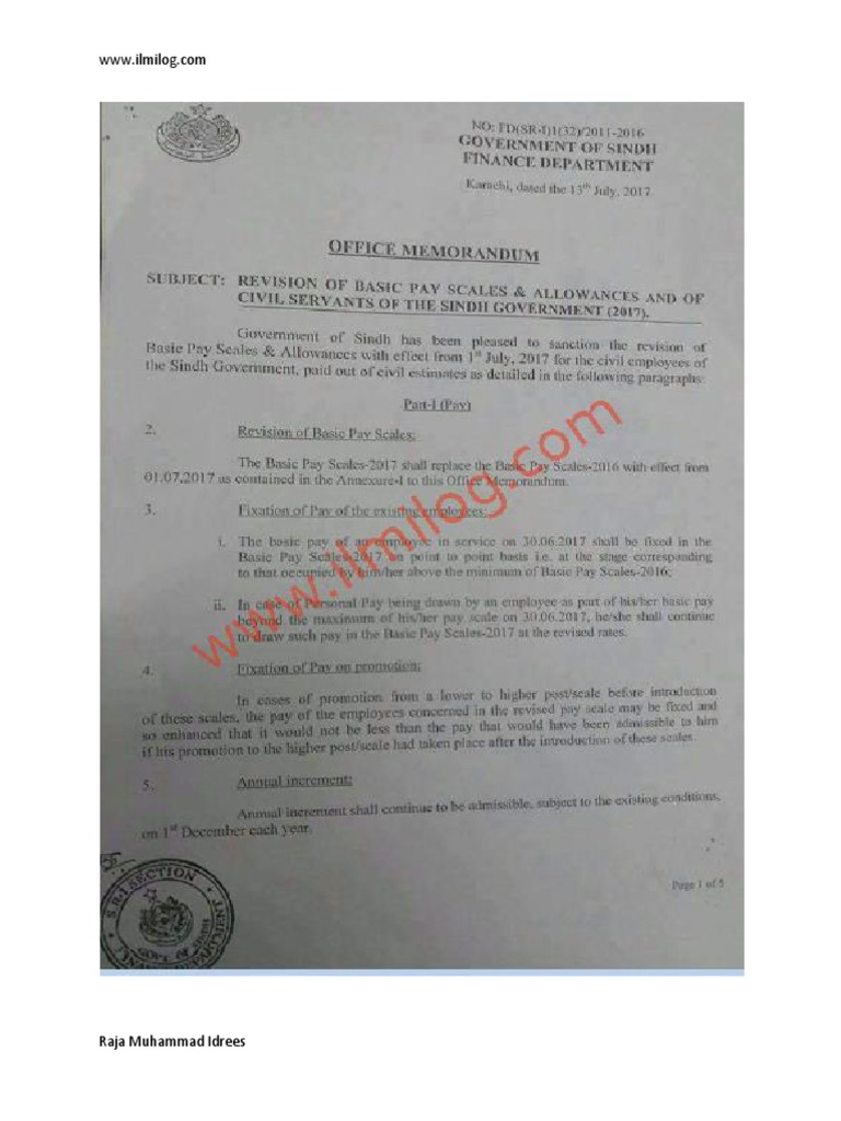 Notification Sindh Government Revised Pay Scales 2017 and Increased ...