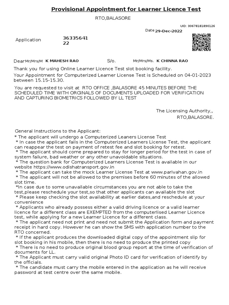 Provisional Appointment For Learner Licence Test PDF Driver's
