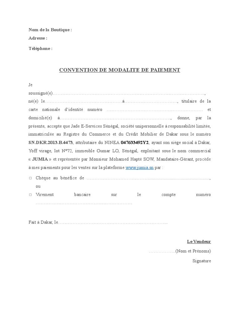 Convention de Modalités de Paiement Jumia | PDF | Finance et gestion ...