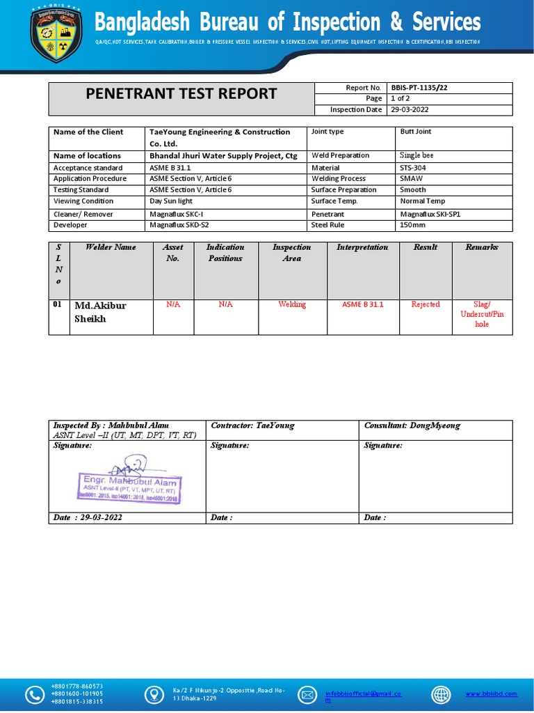 Penetrant Test Report for Welding QA | PDF