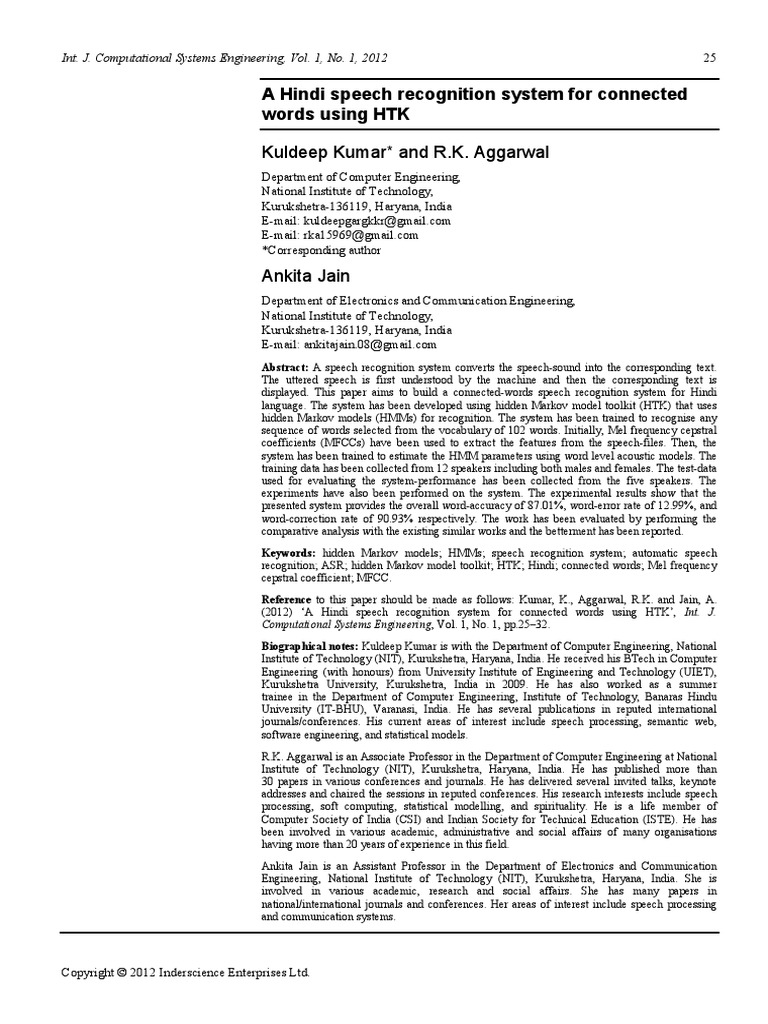A Hindi Speech Recognition System For Connected Wo | PDF | Speech ...