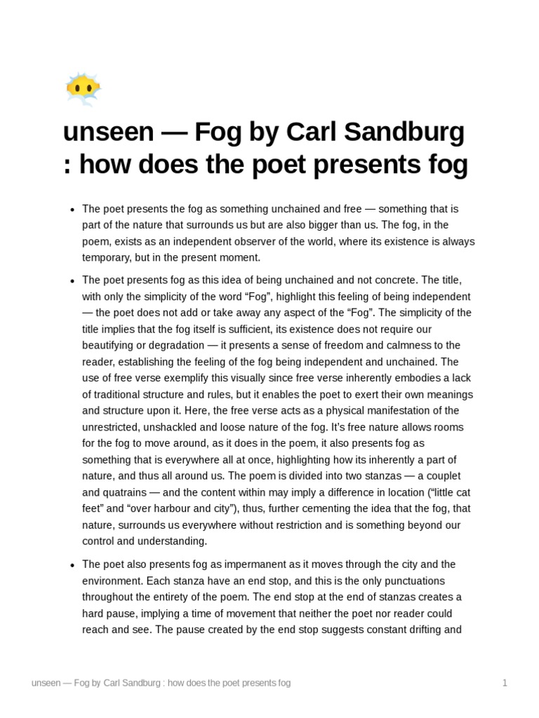 Unseen Fog by Carl Sandburg How Does The Poet Presents Fog PDF