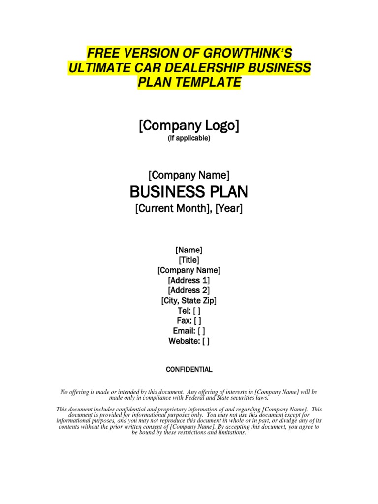 Growthinks Car Dealership Business Plan Template PDF Expense Sales