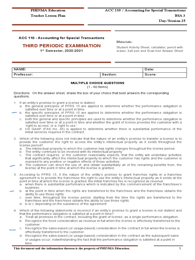 ACC 110 Special Transactions Exam Guide | PDF | Franchising | License