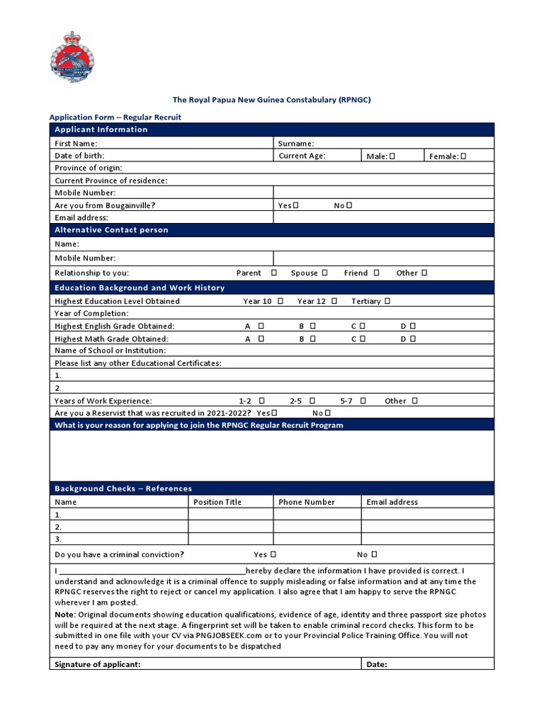 RPNGC Regular Recruit Application Form - Final 1600-1 | PDF