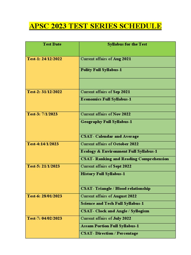 APSC 2023 TEST SERIES SCHEDULE (New) PDF
