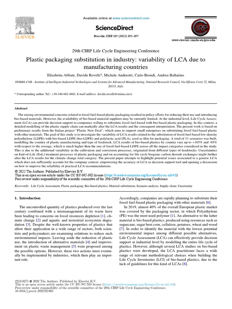 1 s2.0 S2212827122000658 Main | PDF | Life Cycle Assessment | Plastic