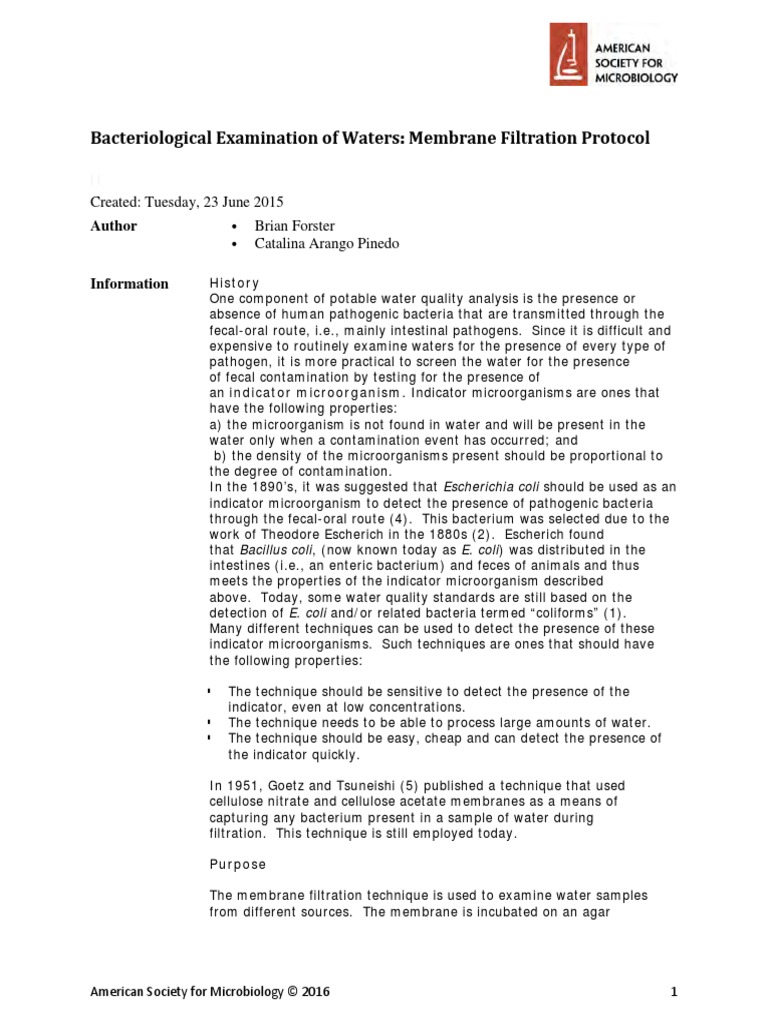 Bacteriological Examination of Waters Membrane Filtration Protocol
