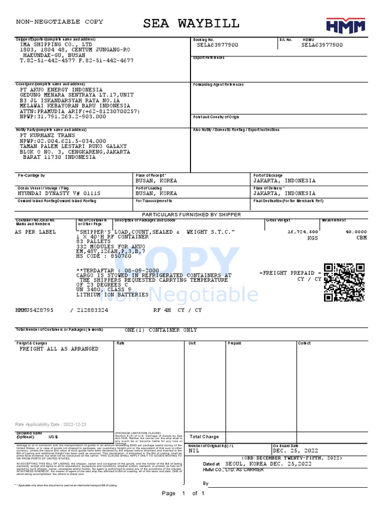 NONNEGOTIABLE SEA WAYBILL TITLE PDF Bill Of Lading Cargo