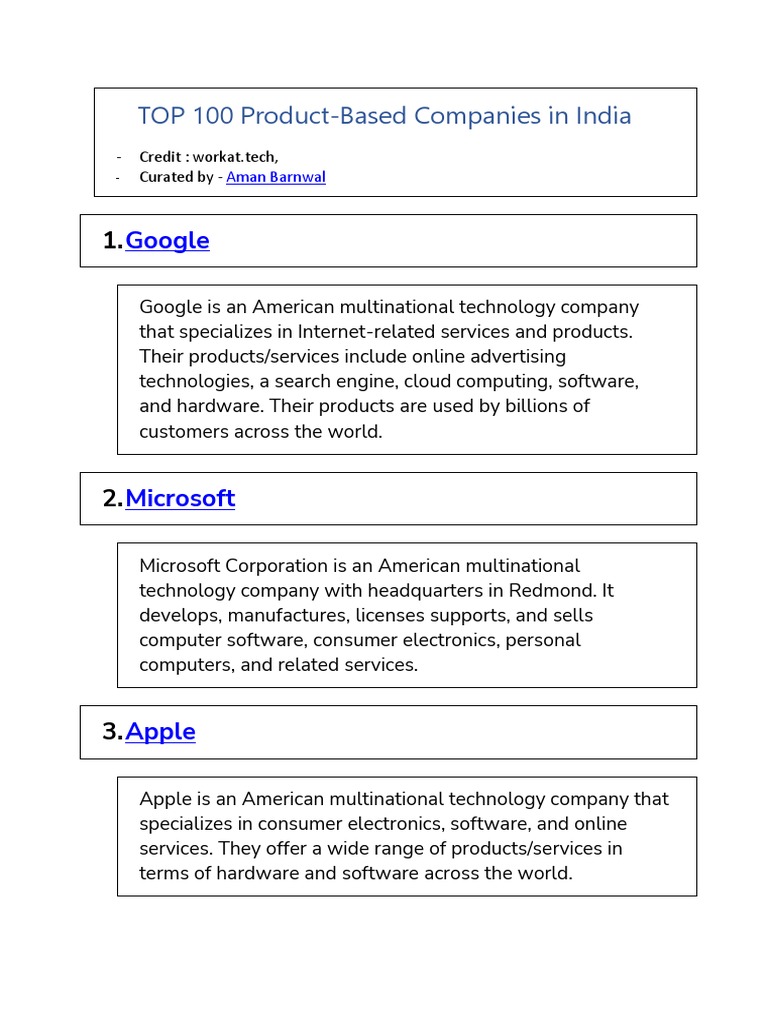 Top 100 Product Based Companies in India PDF Cloud Computing E