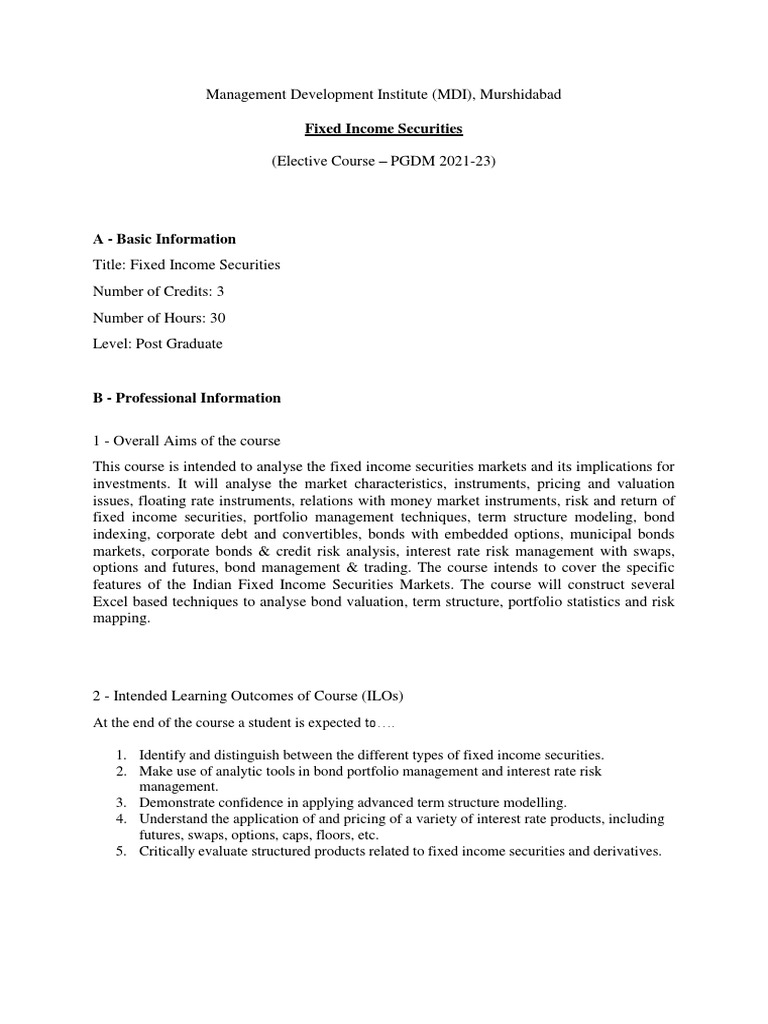 Fixed Income Securities Course Overview | PDF | Fixed Income | Bonds ...