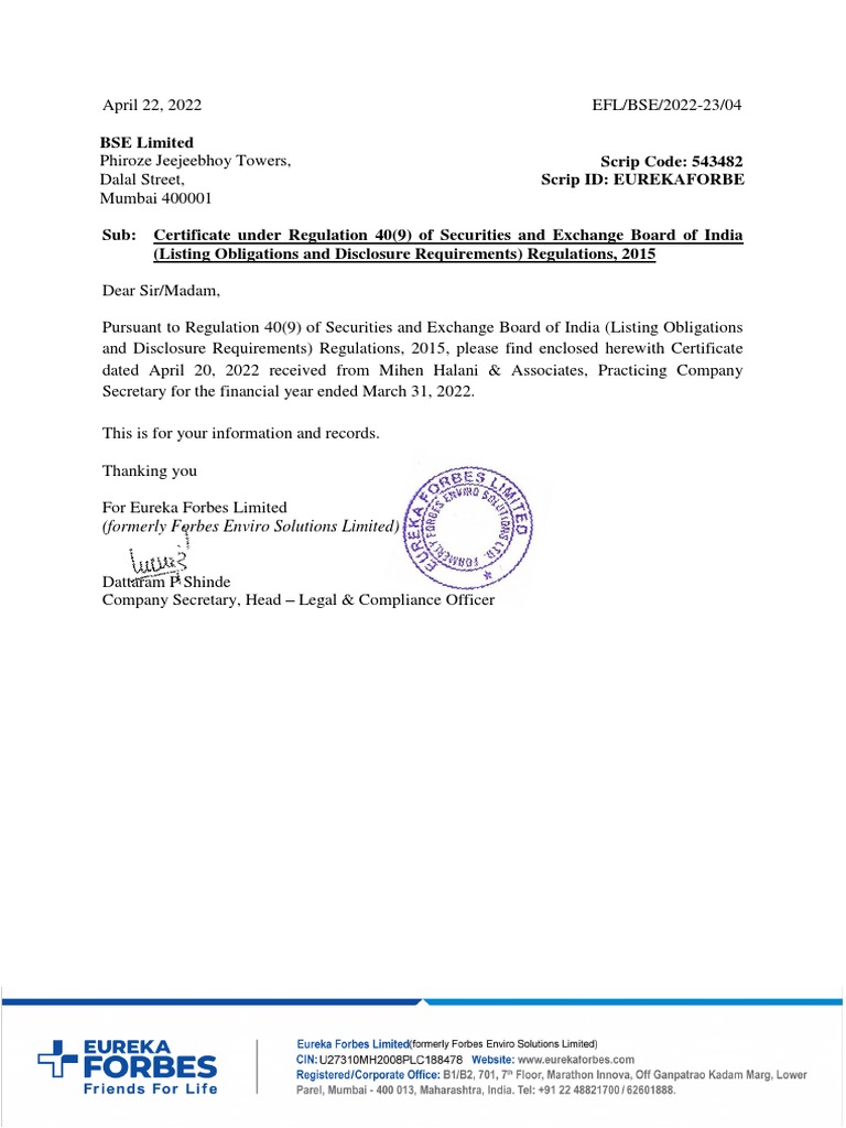 Intimation To BSE Under Regulation 40 PDF Corporations Companies