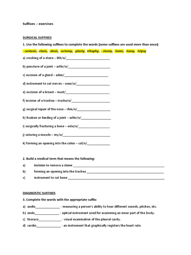 Suffixes - Exercises Uz Predavanje | PDF | Heart | Thorax